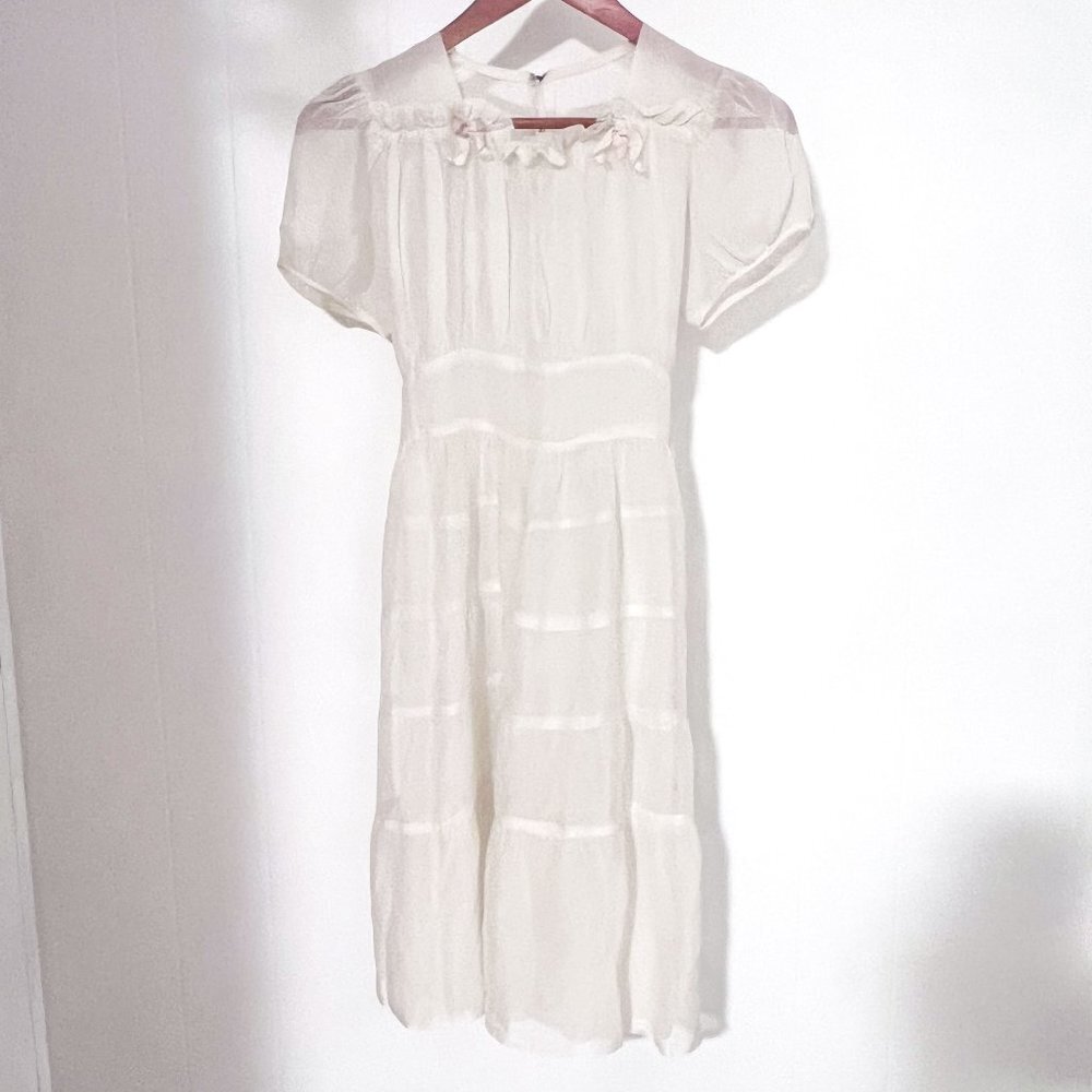Vintage Childs Puff Sleeve Silk Organza Tiered Dress With Neck Ruffle + Tie Back